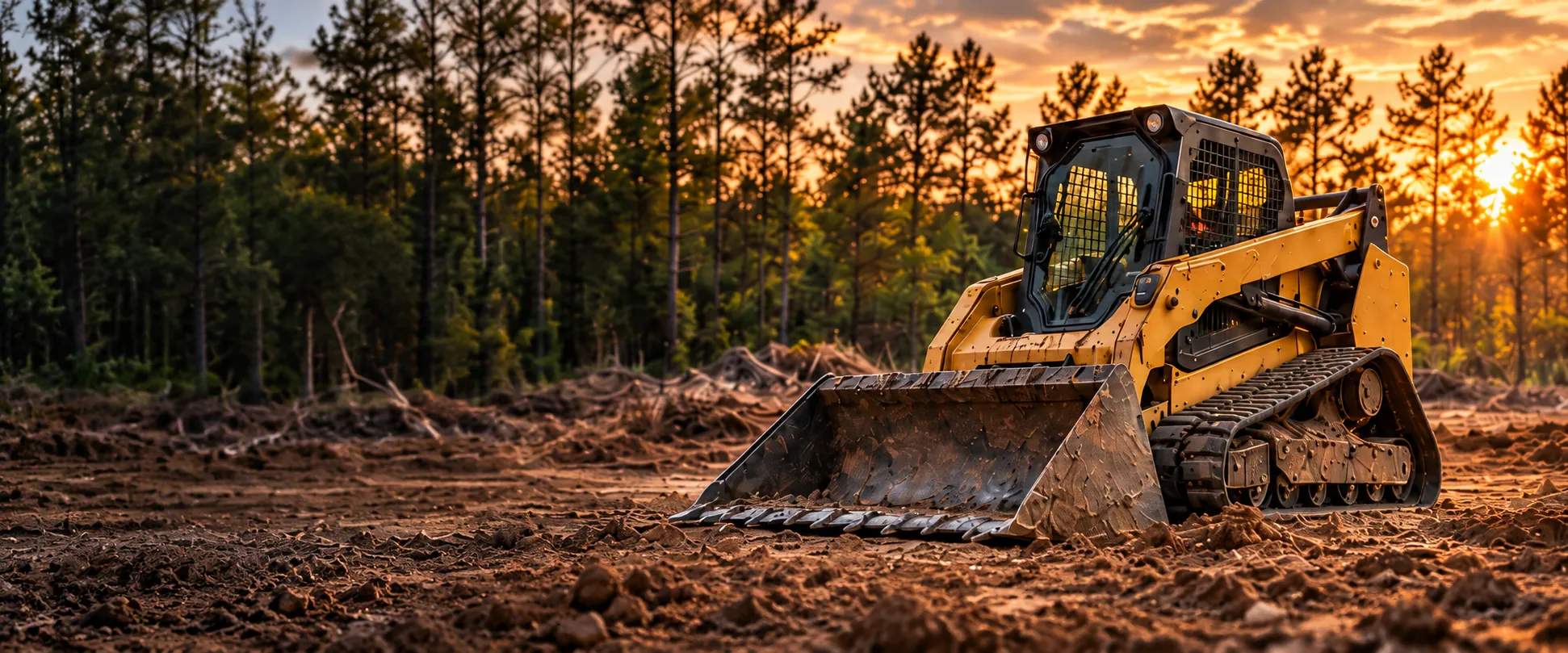 Illustrative image of a compact track loader on cleared land at sunset